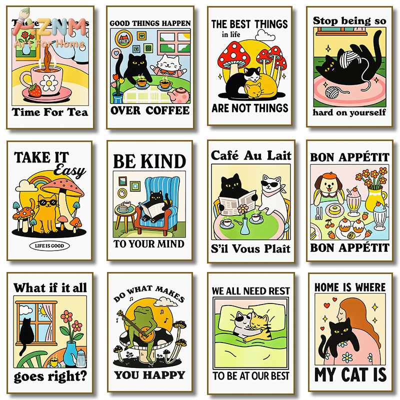 AZNM Cute Retro Cartoon Black  - Coffee Tea Quotes ulasan dan harga